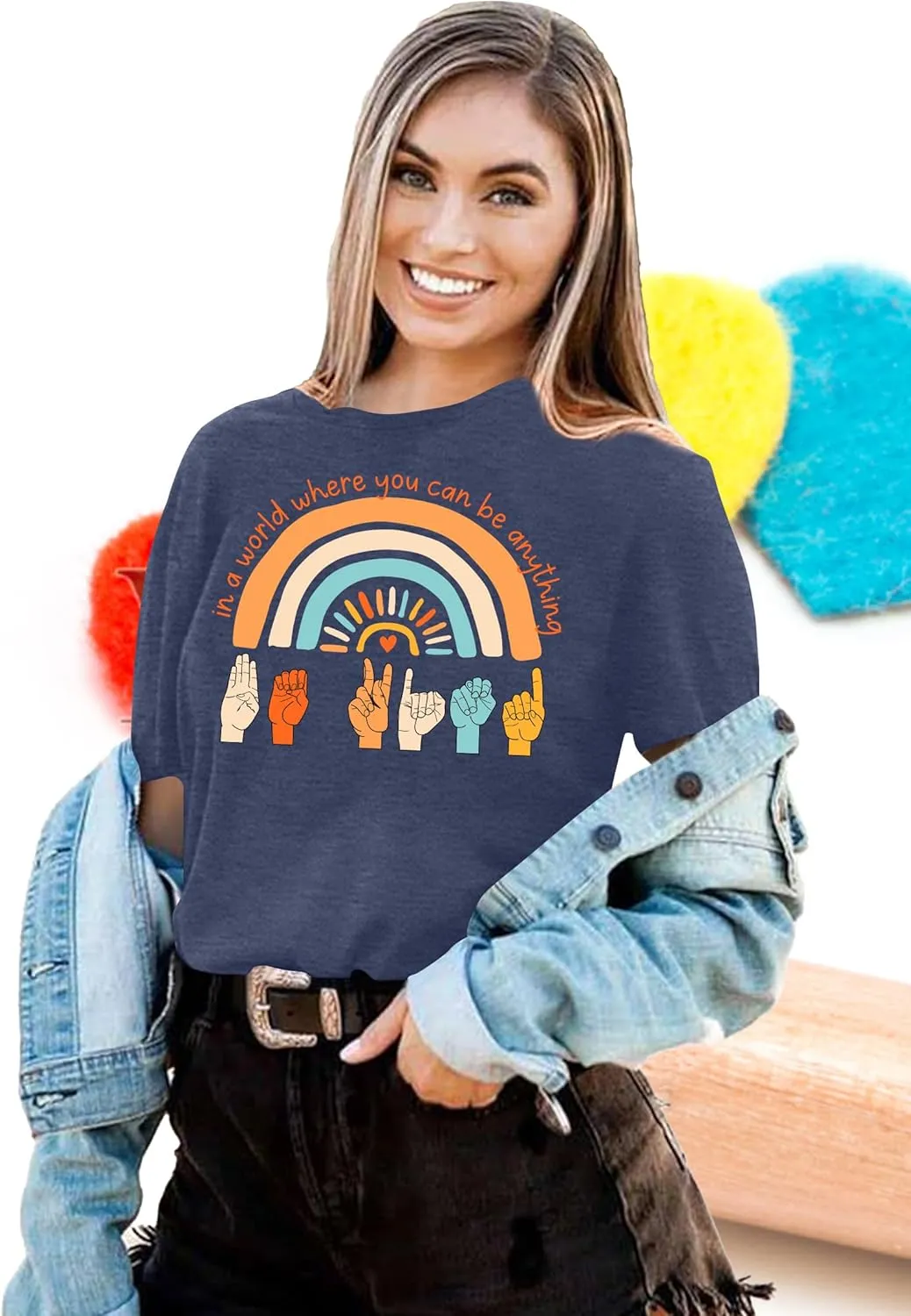 Be Kind Shirt Women Sign Language Hand Graphic Tee Shirts Kindness Rainbow Shirts Short Sleeve Inspirational Tee Tops