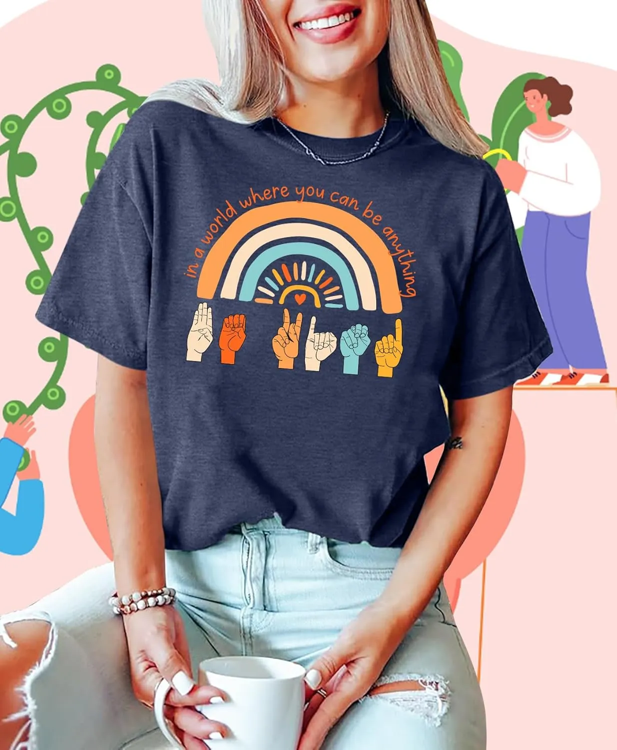 Be Kind Shirt Women Sign Language Hand Graphic Tee Shirts Kindness Rainbow Shirts Short Sleeve Inspirational Tee Tops