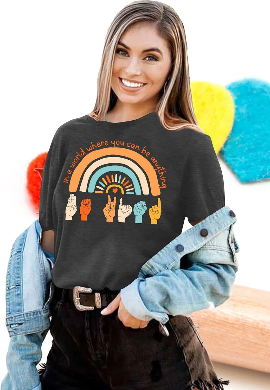 Be Kind Shirt Women Sign Language Hand Graphic Tee Shirts Kindness Rainbow Shirts Short Sleeve Inspirational Tee Tops