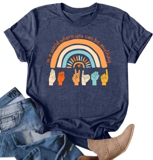 Be Kind Shirt Women Sign Language Hand Graphic Tee Shirts Kindness Rainbow Shirts Short Sleeve Inspirational Tee Tops