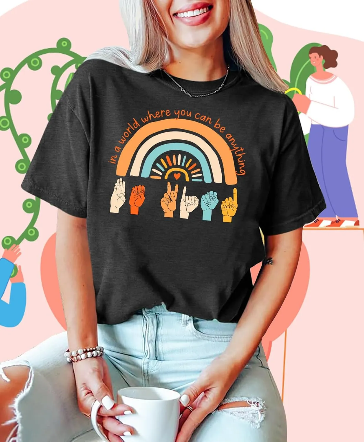 Be Kind Shirt Women Sign Language Hand Graphic Tee Shirts Kindness Rainbow Shirts Short Sleeve Inspirational Tee Tops