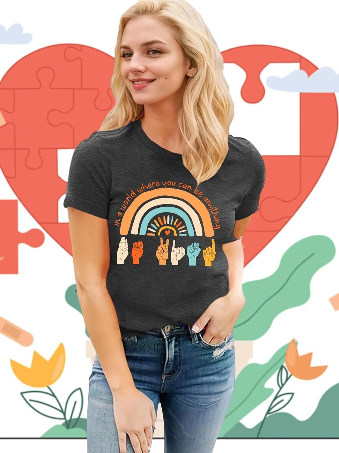 Be Kind Shirt Women Sign Language Hand Graphic Tee Shirts Kindness Rainbow Shirts Short Sleeve Inspirational Tee Tops