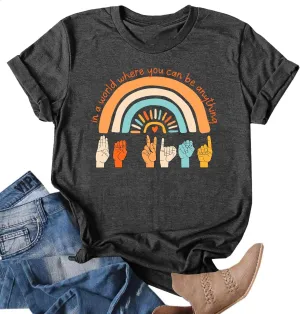 Be Kind Shirt Women Sign Language Hand Graphic Tee Shirts Kindness Rainbow Shirts Short Sleeve Inspirational Tee Tops
