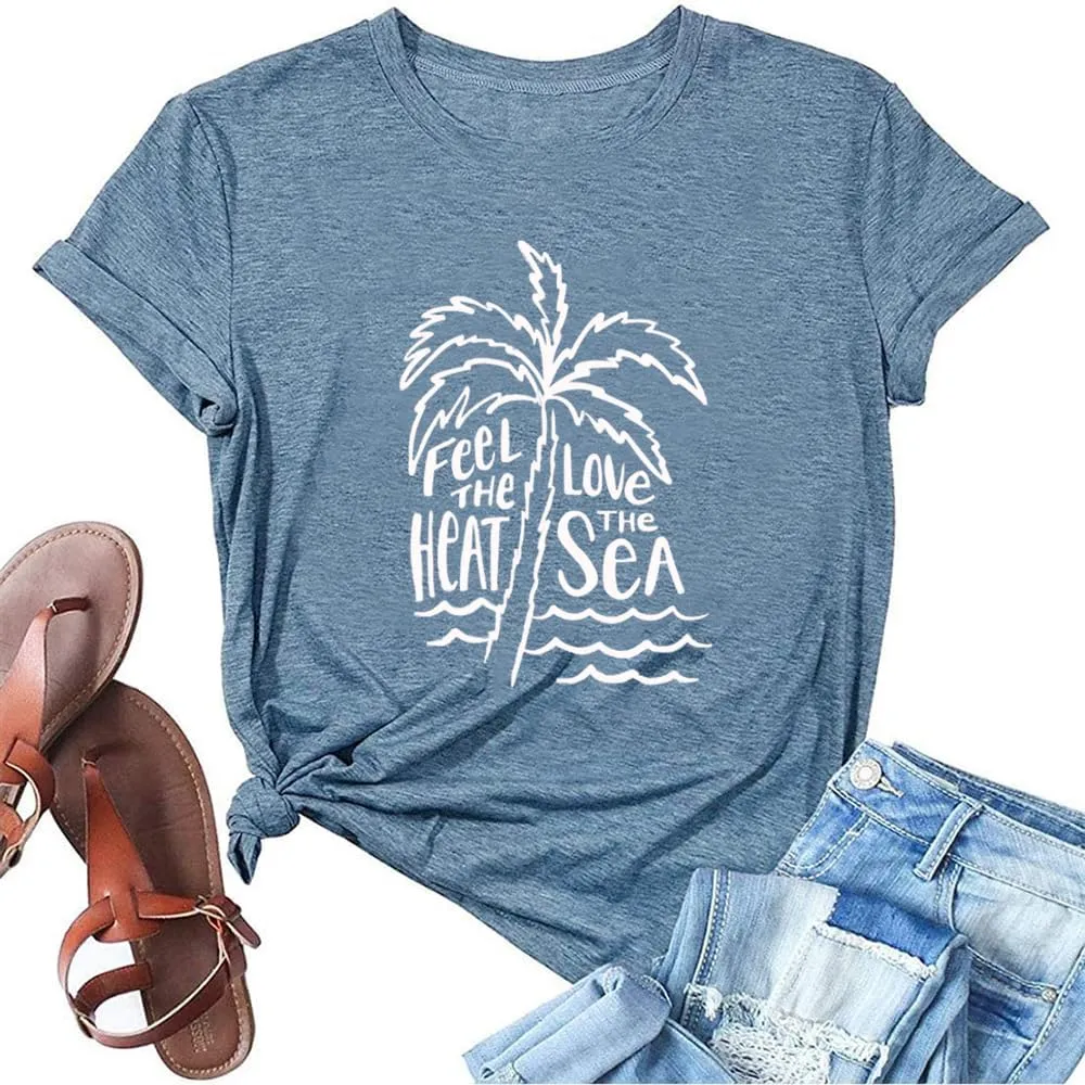 Beach Tshirts Shirts for Women Fun Hawaiian Shirts Coconut Tree Letter Print Graphic Tee Summer Holiday Vacation Tops