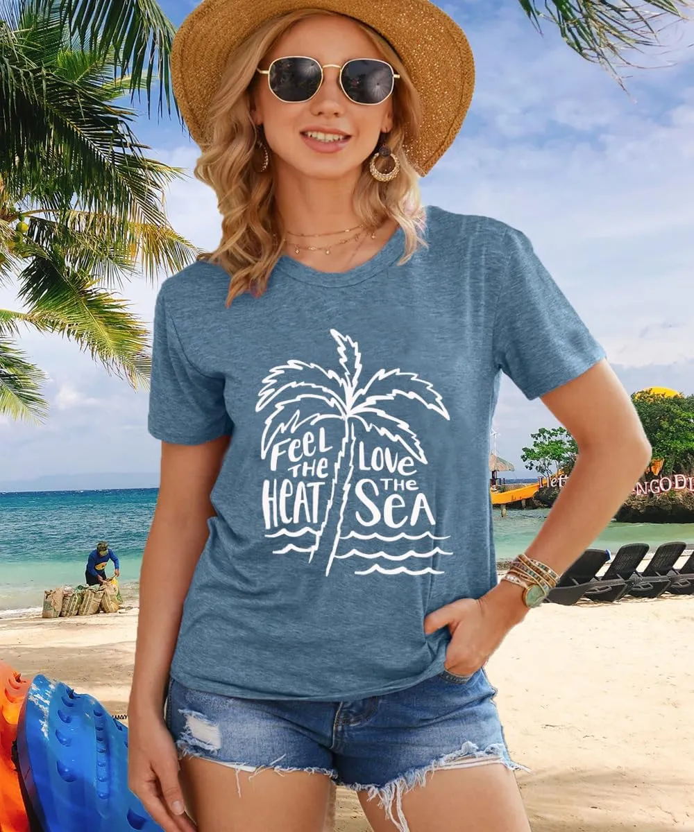 Beach Tshirts Shirts for Women Fun Hawaiian Shirts Coconut Tree Letter Print Graphic Tee Summer Holiday Vacation Tops