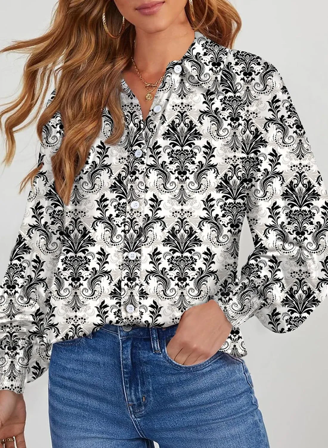 Dokotoo Women's Casual V Neck Allover Floral Print Long Sleeve Chiffon Button Down Blouses Bohemian Top Shirts