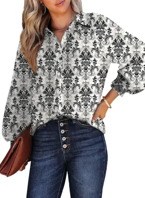 Dokotoo Women's Casual V Neck Allover Floral Print Long Sleeve Chiffon Button Down Blouses Bohemian Top Shirts