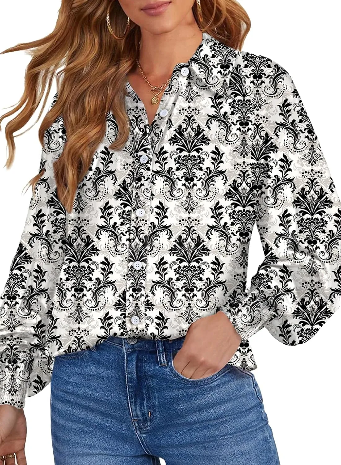 Dokotoo Women's Casual V Neck Allover Floral Print Long Sleeve Chiffon Button Down Blouses Bohemian Top Shirts