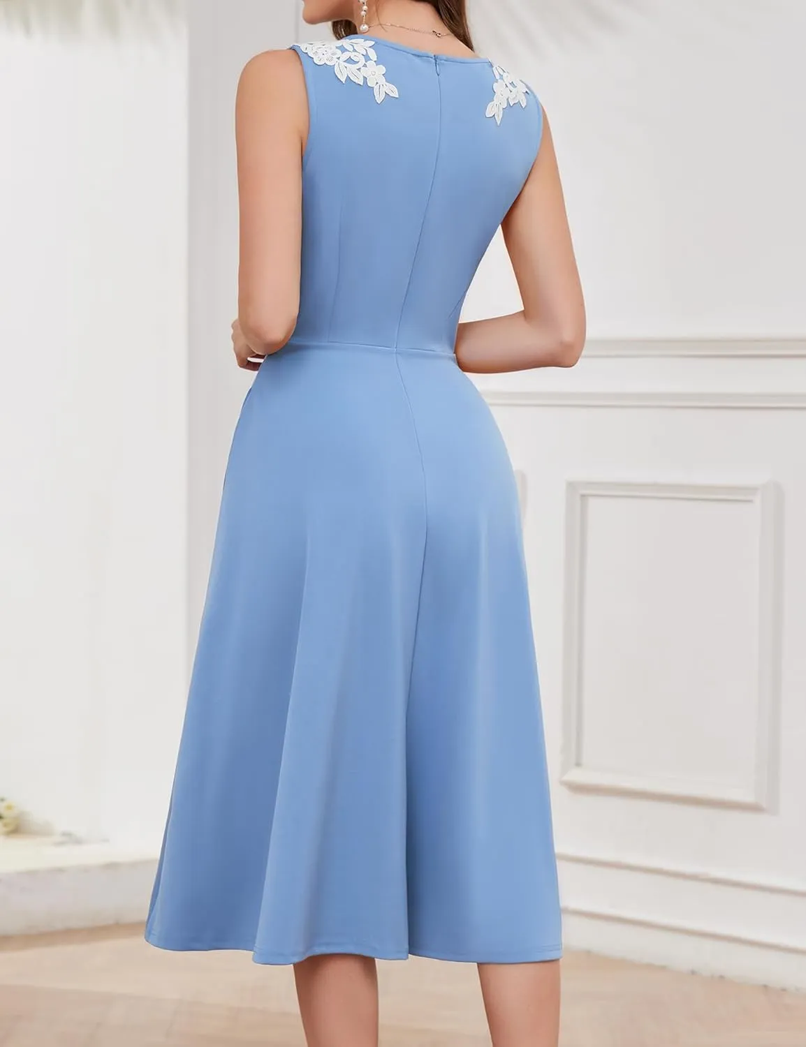 Dressystar Sleeveless Cocktail Party Dress with Pocket 2025 Women V Neck Slit Tea Length Casual Dresses Work Wedding Guest