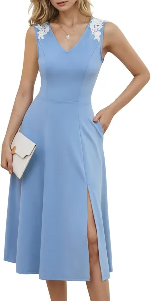Dressystar Sleeveless Cocktail Party Dress with Pocket 2025 Women V Neck Slit Tea Length Casual Dresses Work Wedding Guest