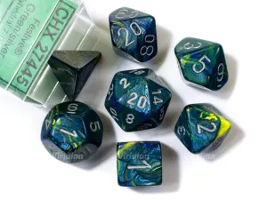 Festive Green & Silver | Green, Blue, Yellow | Chessex Dice Set (7)
