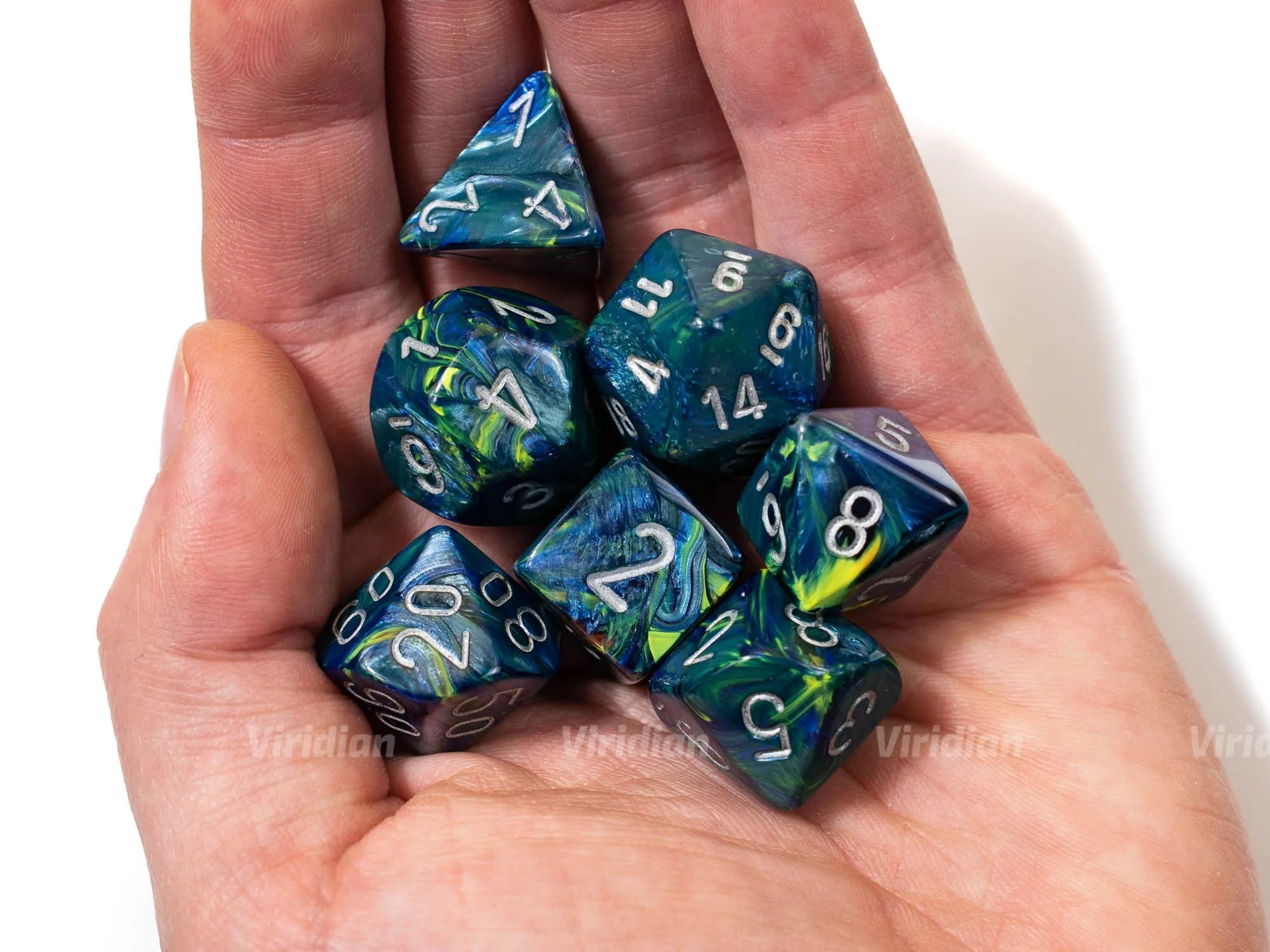 Festive Green & Silver | Green, Blue, Yellow | Chessex Dice Set (7)