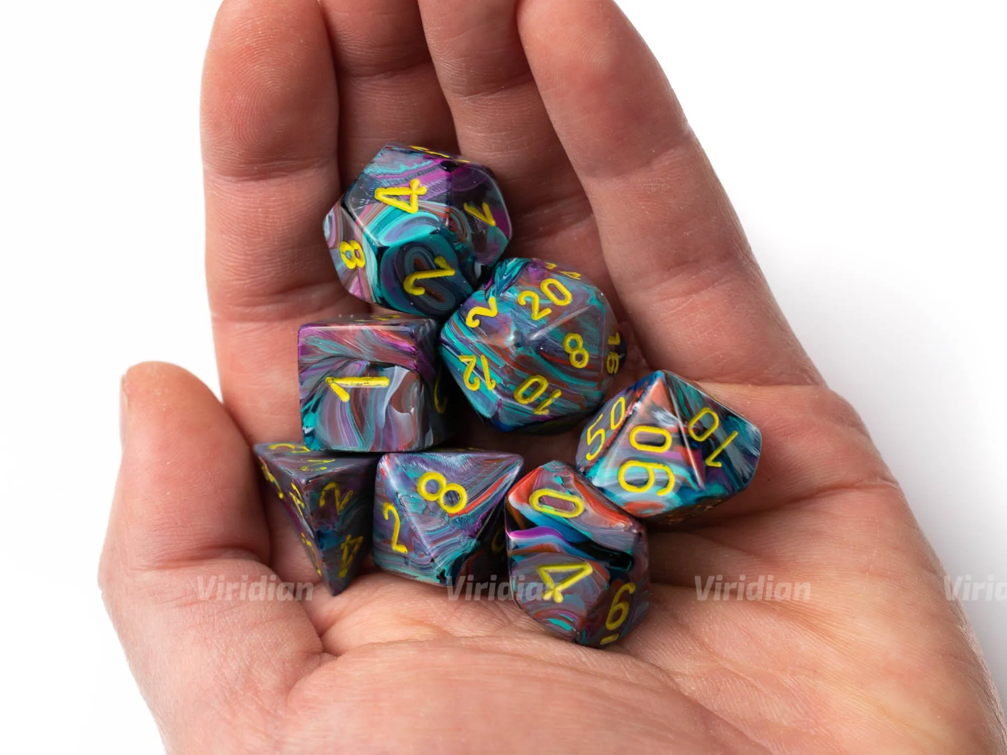 Festive Mosaic & Yellow | Green, Purple, Red, Paint Splatter | Chessex Dice Set (7)