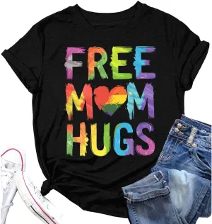 Free Mom Hugs LGBT Pride Parades Lesbian Gay Rainbow Tee Transgender Flag T-Shirt Casual Tops Letter Print Short Sleeve