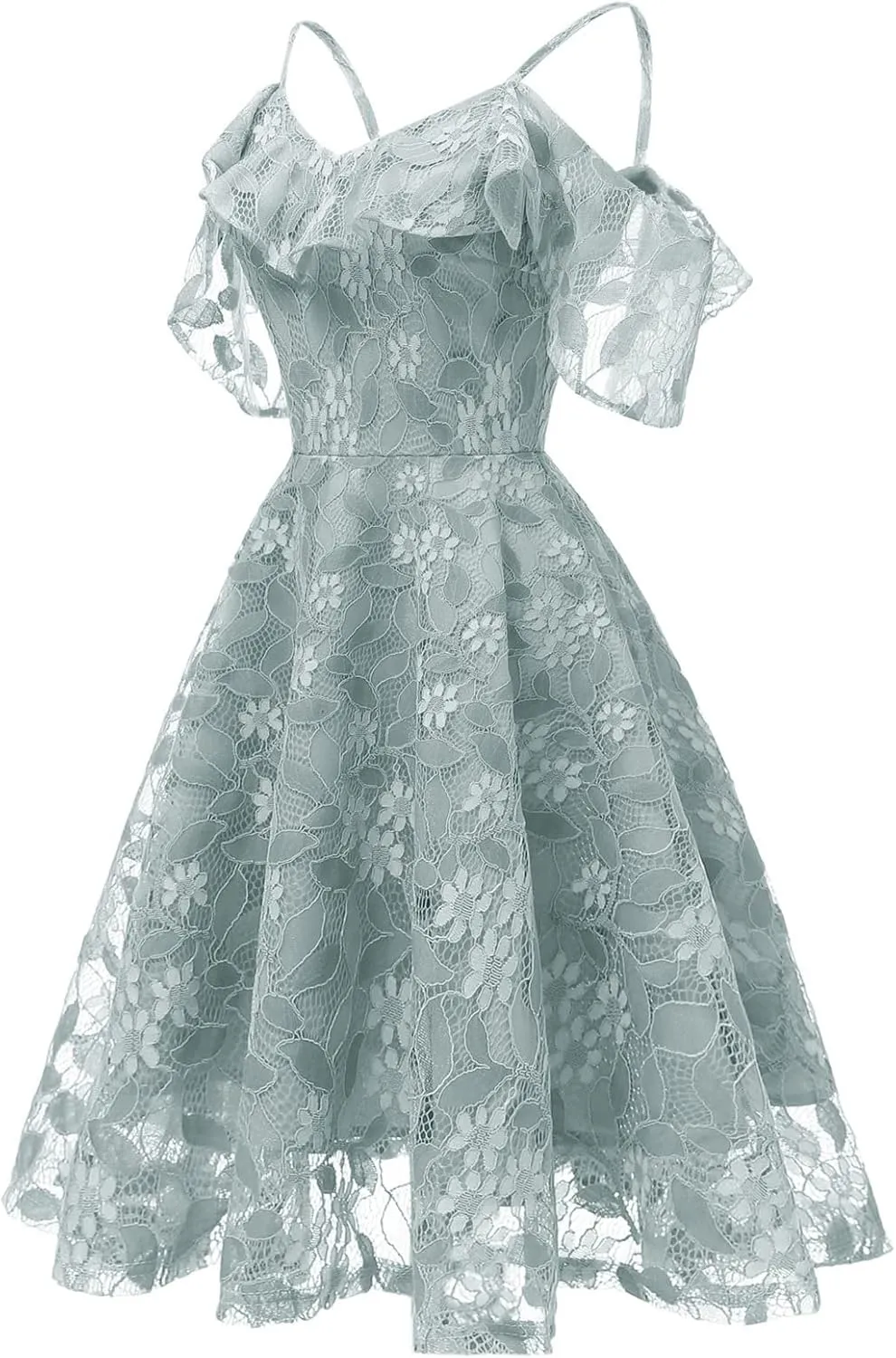 IWEMEK Women Spaghetti Strap Floral Lace Bridesmaid Cocktail Party Dress Cold Shoulder Ruffle Sleeve Wedding Guest Prom Dress