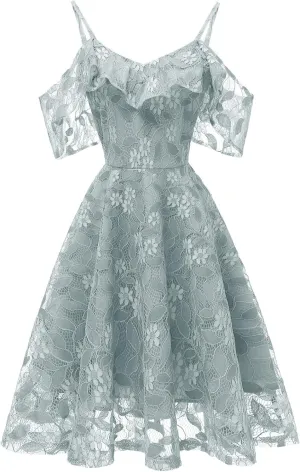 IWEMEK Women Spaghetti Strap Floral Lace Bridesmaid Cocktail Party Dress Cold Shoulder Ruffle Sleeve Wedding Guest Prom Dress