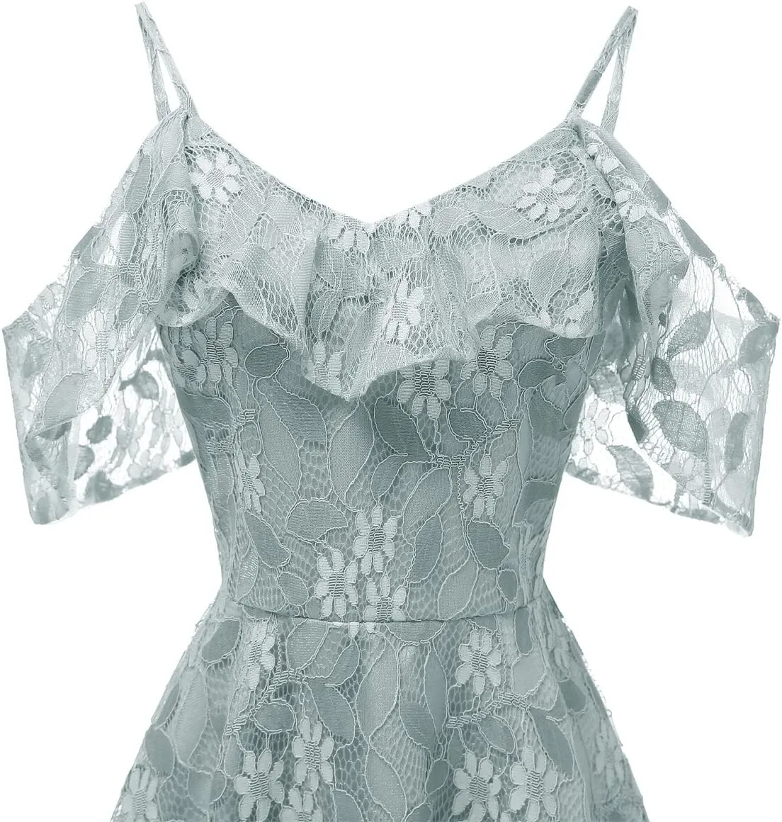 IWEMEK Women Spaghetti Strap Floral Lace Bridesmaid Cocktail Party Dress Cold Shoulder Ruffle Sleeve Wedding Guest Prom Dress