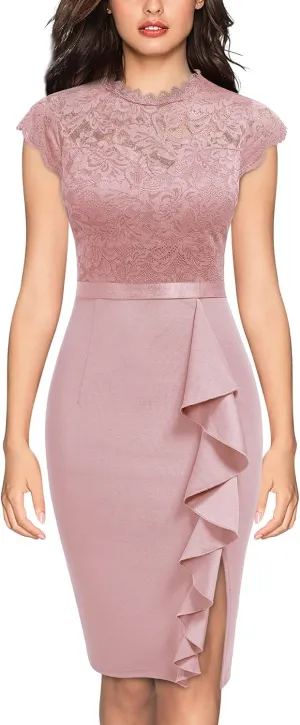 Miusol Women's Retro Floral Lace Ruffle Style Cocktail Mini Dress