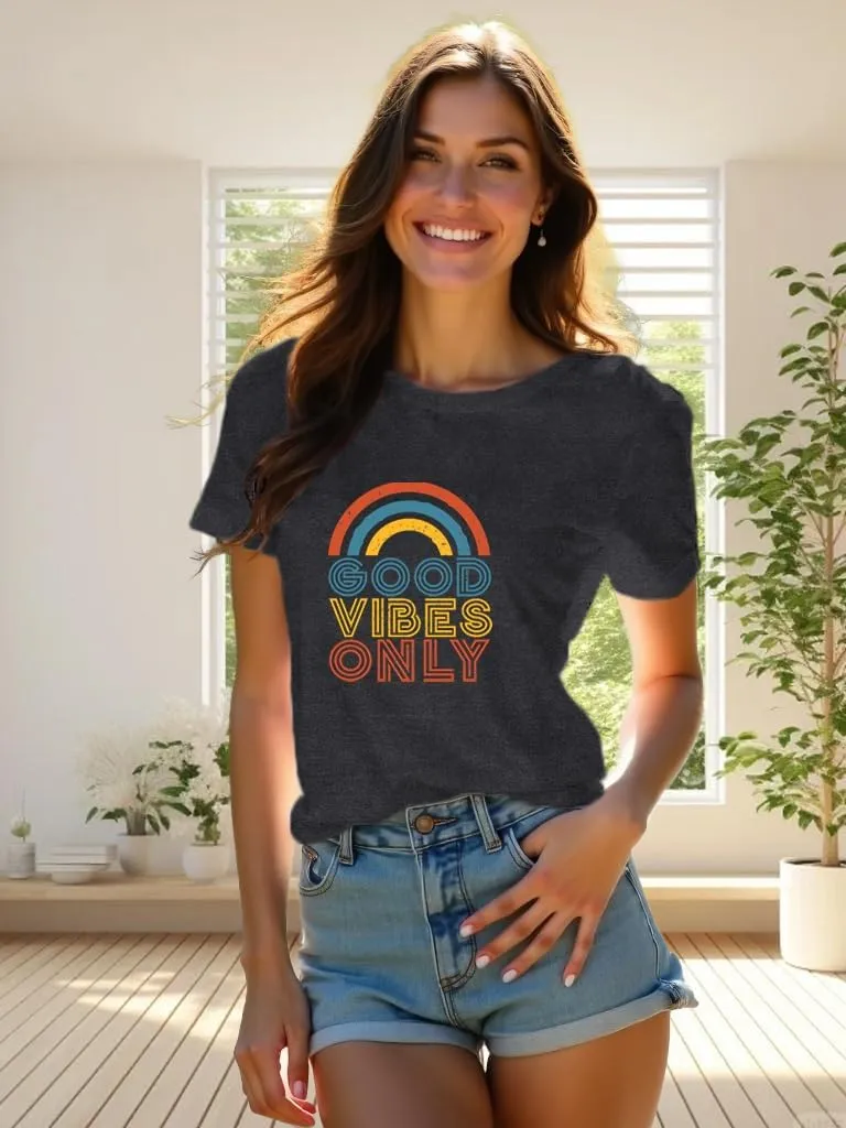 Positive Vibe Quote Shirts Women Vintage Rainbow Good Vibe Only T-Shirt Casual Inspirational Tee Tops
