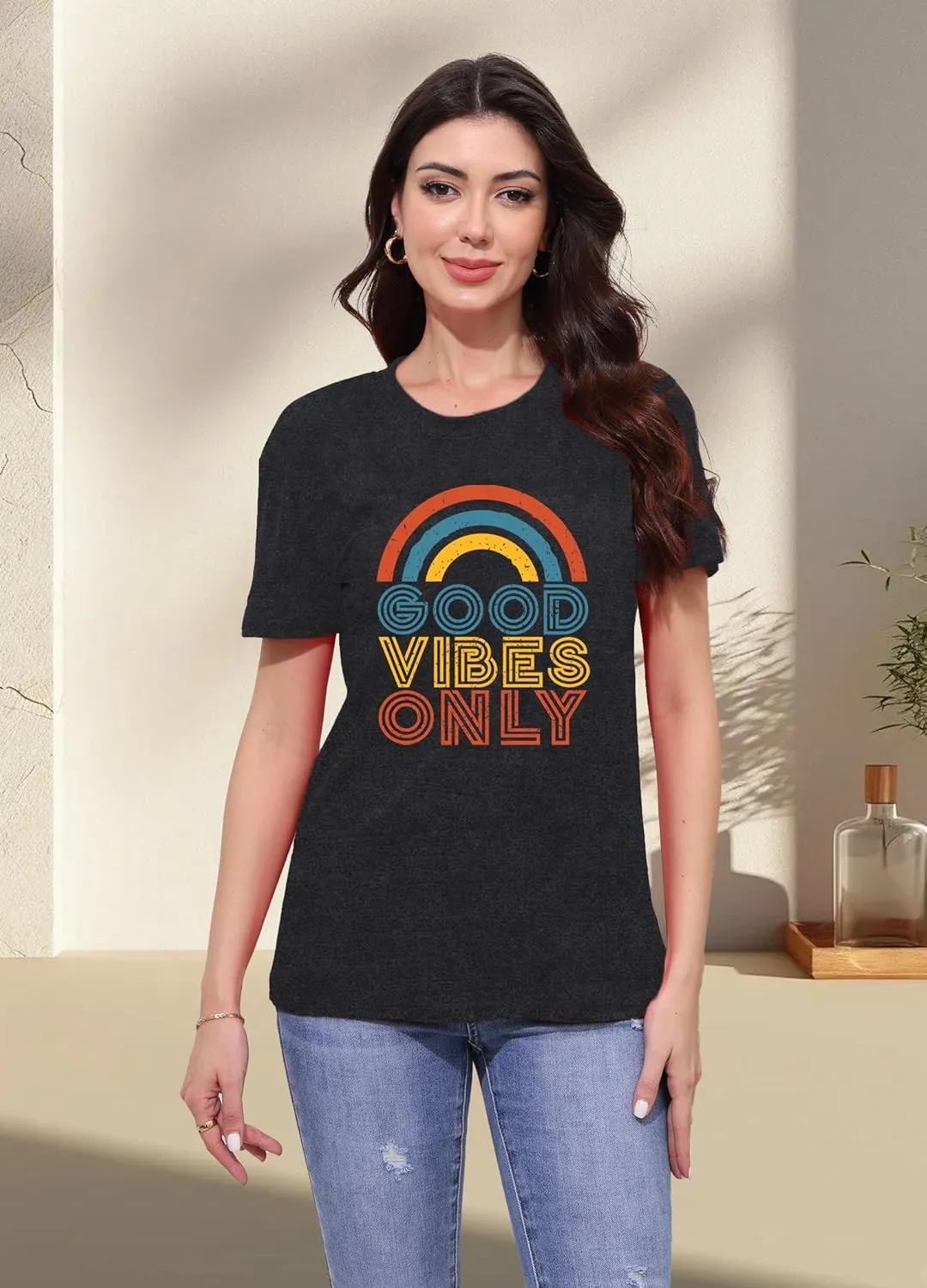 Positive Vibe Quote Shirts Women Vintage Rainbow Good Vibe Only T-Shirt Casual Inspirational Tee Tops