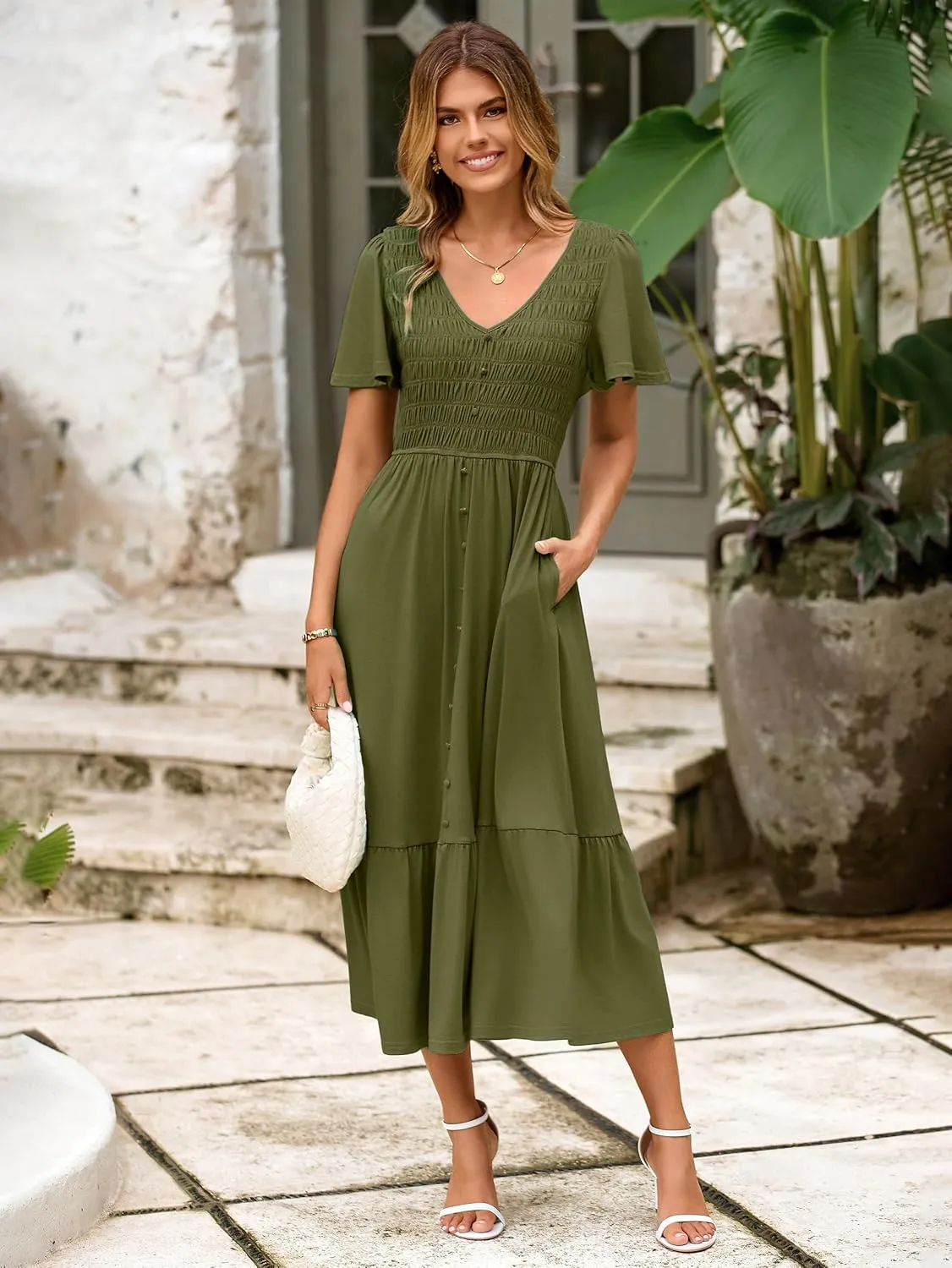 Simplee Womens Summer Smocked Flowy Dress - Casual Flutter Sleeve Tiered Boho Maxi Dresses with Pockets