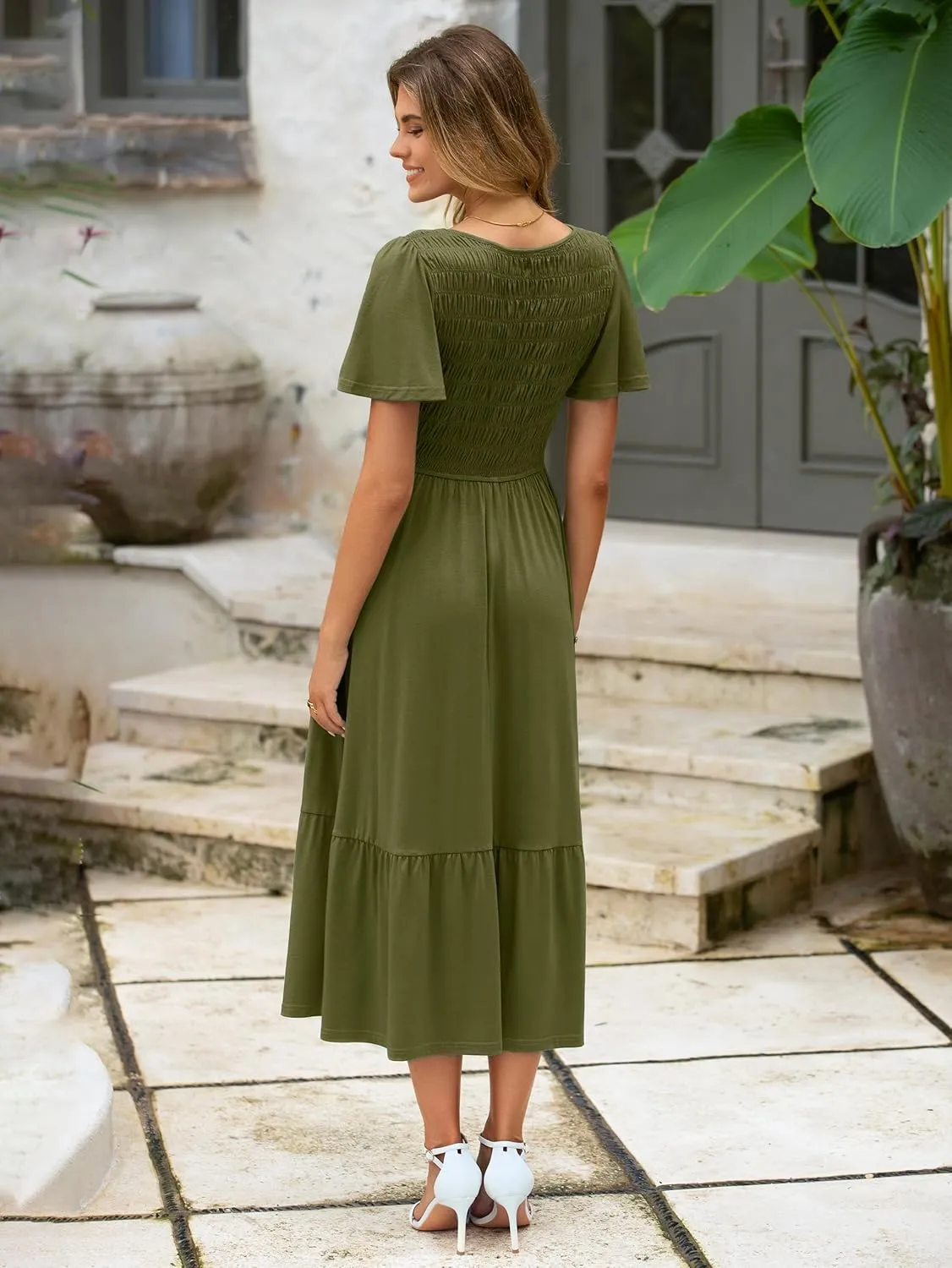 Simplee Womens Summer Smocked Flowy Dress - Casual Flutter Sleeve Tiered Boho Maxi Dresses with Pockets