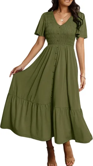Simplee Womens Summer Smocked Flowy Dress - Casual Flutter Sleeve Tiered Boho Maxi Dresses with Pockets