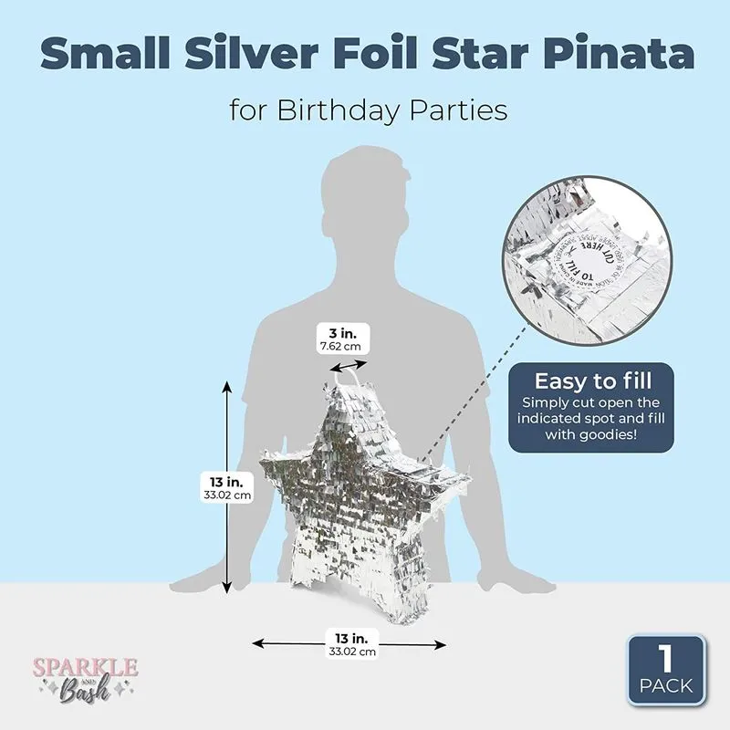 Small Silver Foil Star Pinata for Birthday Party (13 x 13 x 3 Inches)