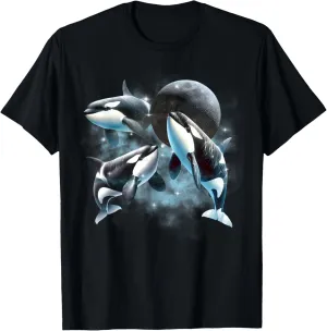 Three Orcas Howling The Moon Vintage 90s Sea Animal Moon T-Shirt