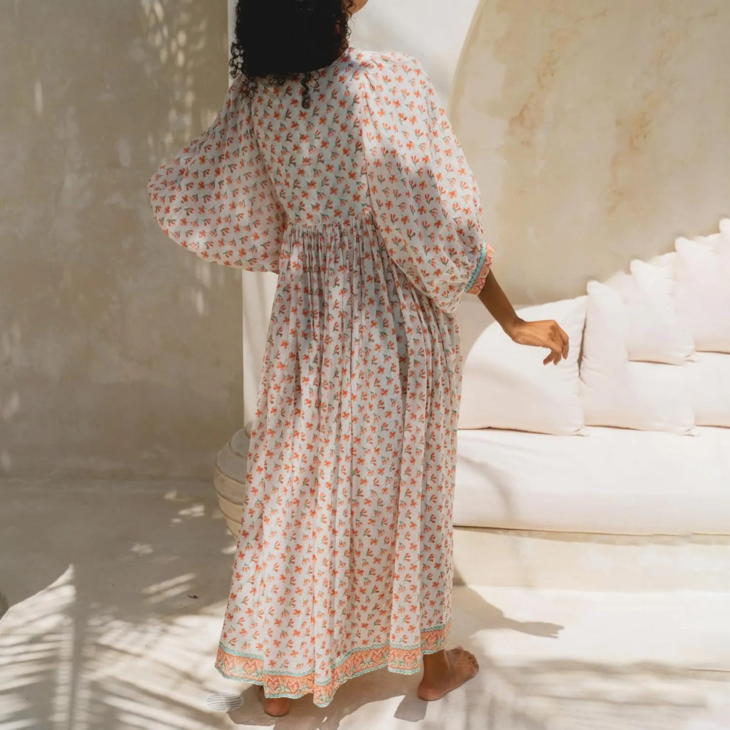 Women Floral Maxi Dress,y2k Boho Printed 3/4 Lantern Sleeve V Neck Dress Beach Loose Swing Sundress Clubwear