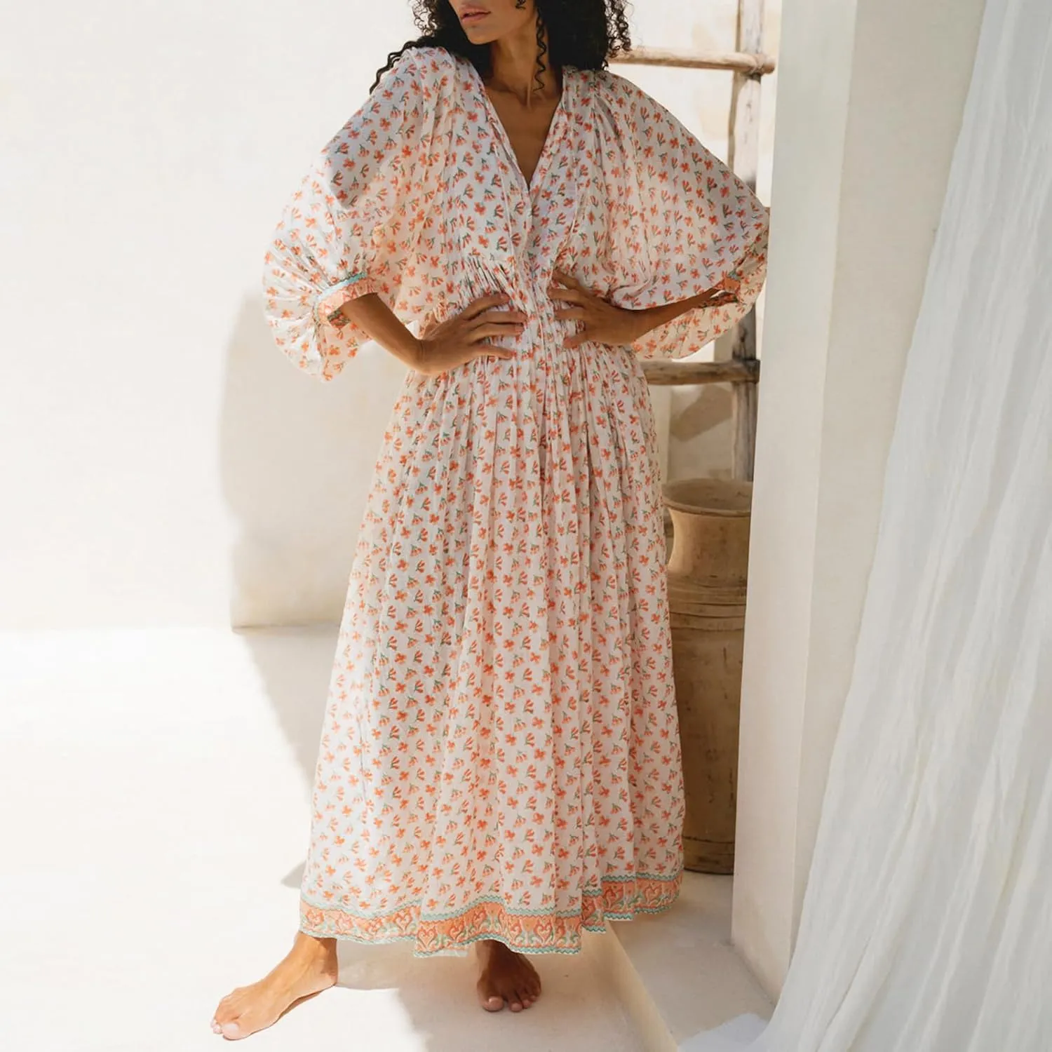 Women Floral Maxi Dress,y2k Boho Printed 3/4 Lantern Sleeve V Neck Dress Beach Loose Swing Sundress Clubwear