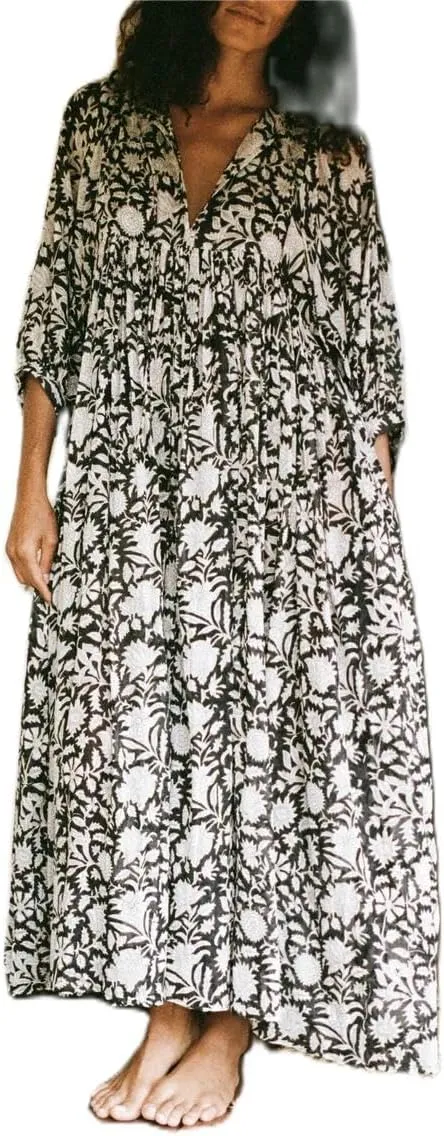 Women Floral Maxi Dress,y2k Boho Printed 3/4 Lantern Sleeve V Neck Dress Beach Loose Swing Sundress Clubwear