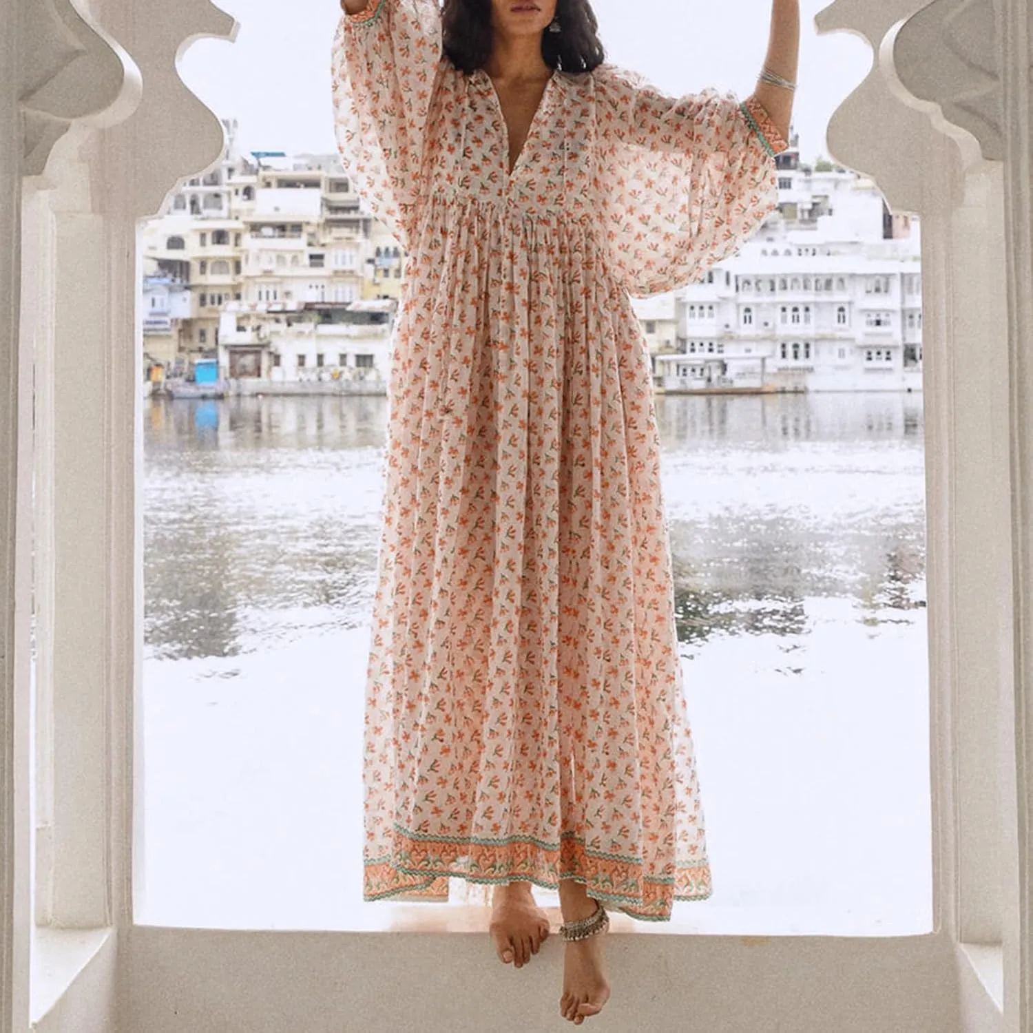 Women Floral Maxi Dress,y2k Boho Printed 3/4 Lantern Sleeve V Neck Dress Beach Loose Swing Sundress Clubwear