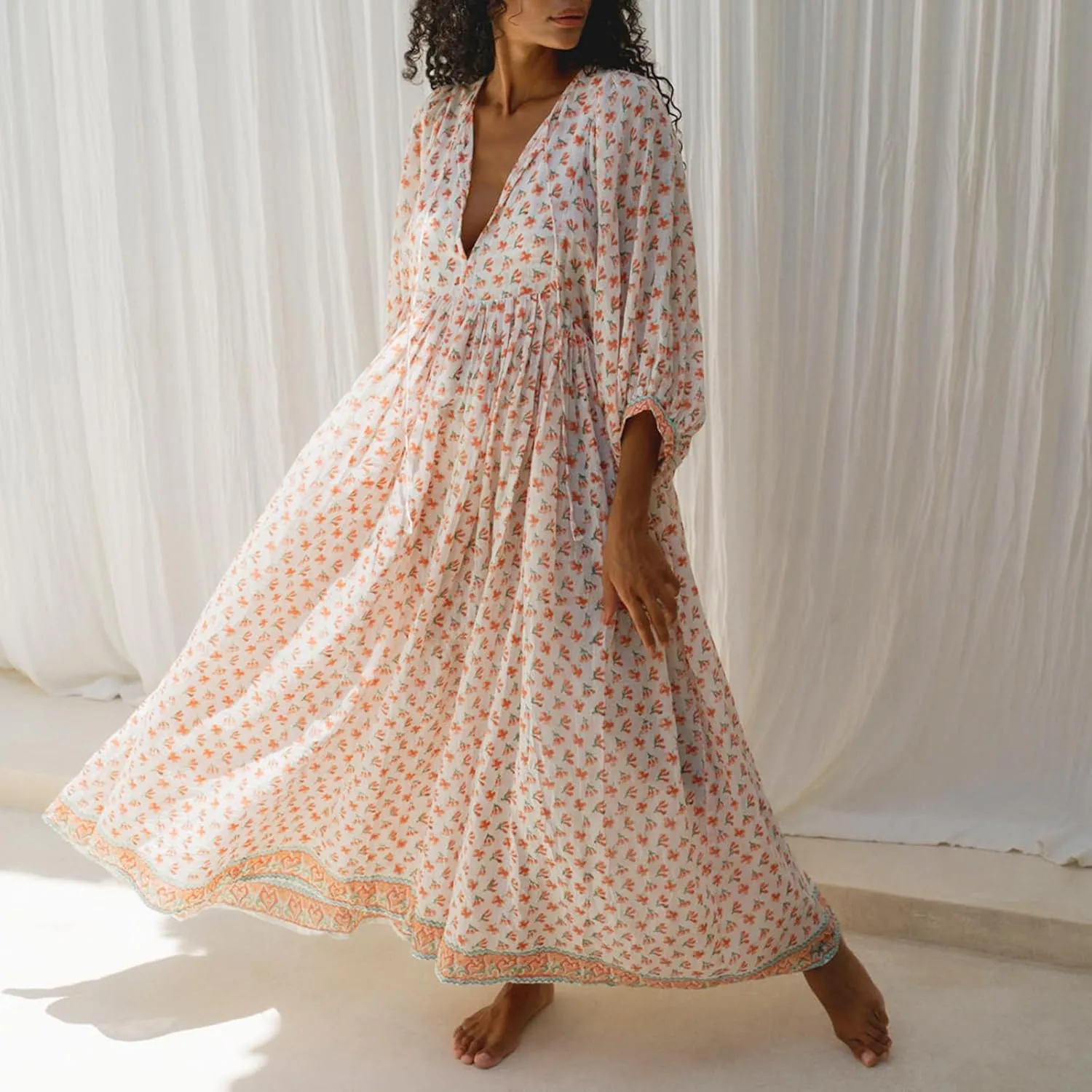 Women Floral Maxi Dress,y2k Boho Printed 3/4 Lantern Sleeve V Neck Dress Beach Loose Swing Sundress Clubwear