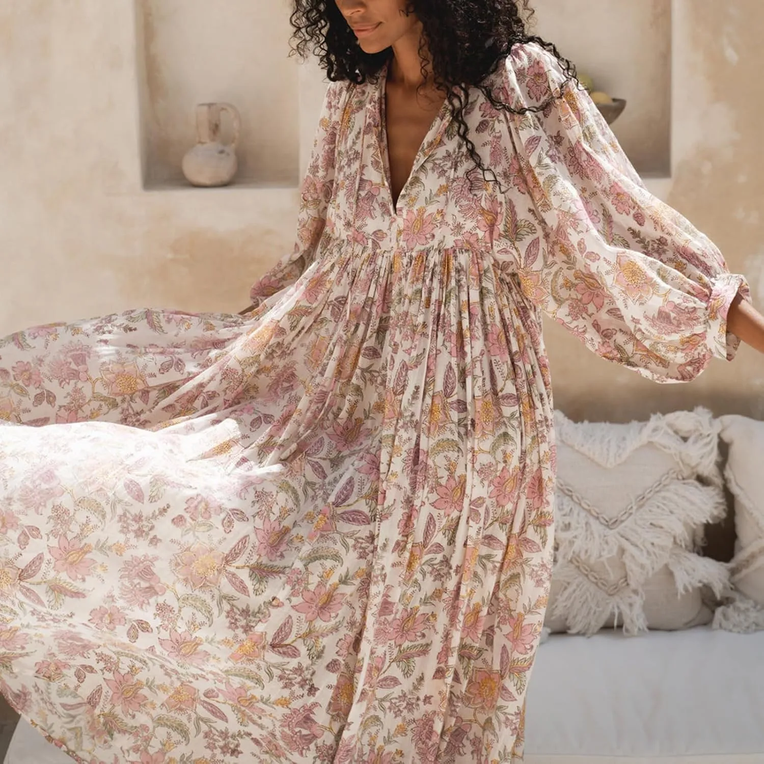 Women Floral Maxi Dress,y2k Boho Printed 3/4 Lantern Sleeve V Neck Dress Beach Loose Swing Sundress Clubwear