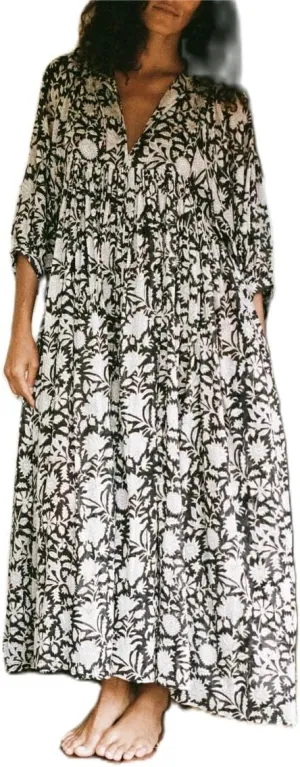 Women Floral Maxi Dress,y2k Boho Printed 3/4 Lantern Sleeve V Neck Dress Beach Loose Swing Sundress Clubwear
