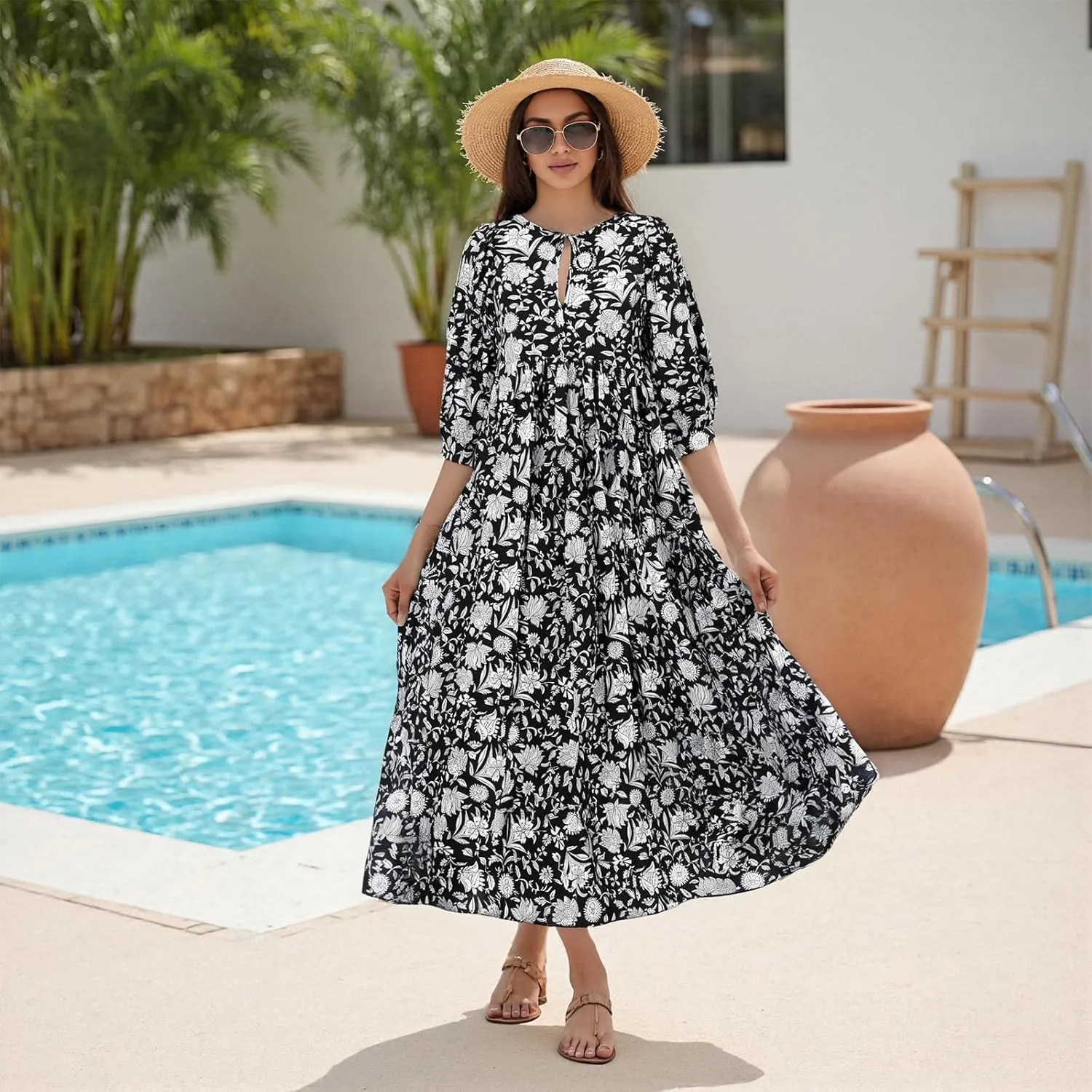Women Floral Maxi Dress,y2k Boho Printed 3/4 Lantern Sleeve V Neck Dress Beach Loose Swing Sundress Clubwear