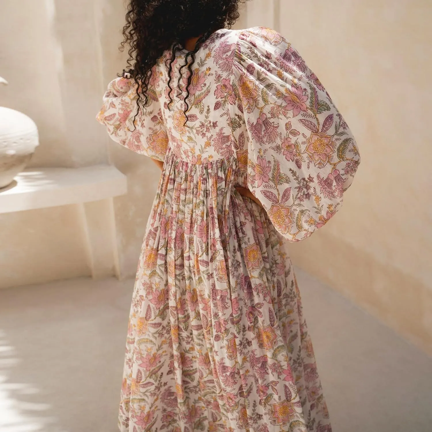 Women Floral Maxi Dress,y2k Boho Printed 3/4 Lantern Sleeve V Neck Dress Beach Loose Swing Sundress Clubwear