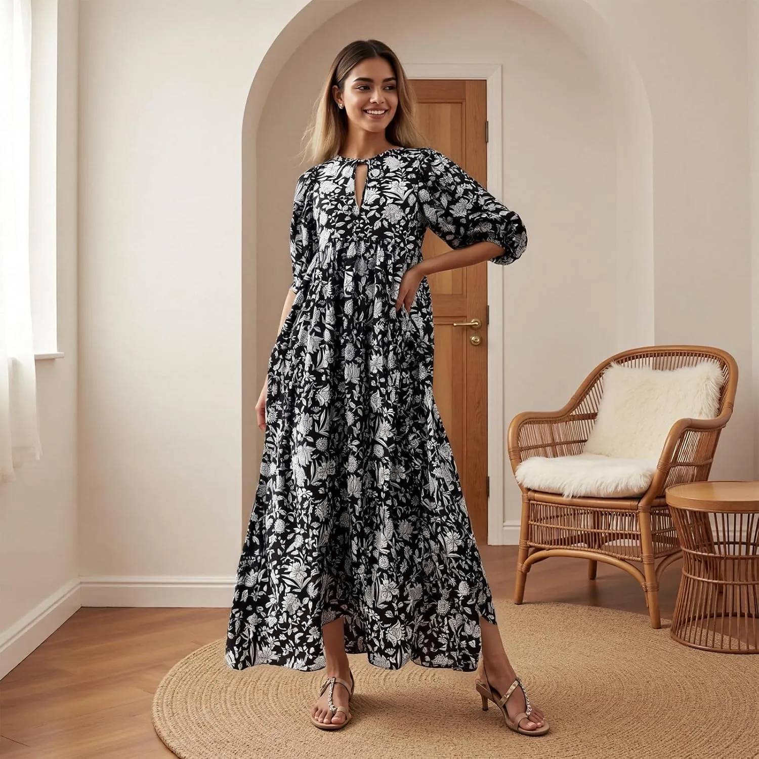 Women Floral Maxi Dress,y2k Boho Printed 3/4 Lantern Sleeve V Neck Dress Beach Loose Swing Sundress Clubwear