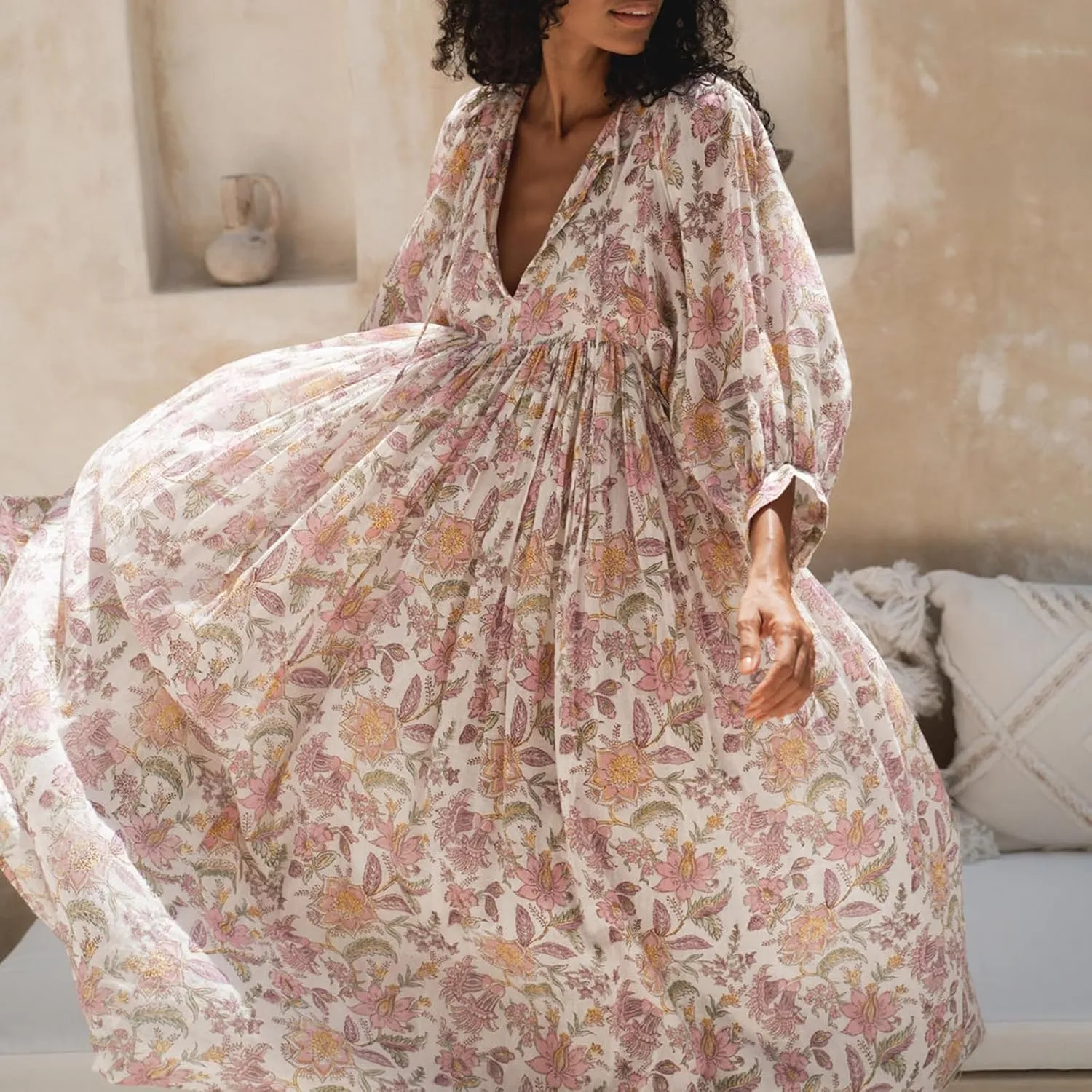 Women Floral Maxi Dress,y2k Boho Printed 3/4 Lantern Sleeve V Neck Dress Beach Loose Swing Sundress Clubwear