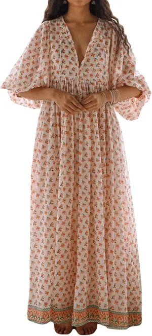 Women Floral Maxi Dress,y2k Boho Printed 3/4 Lantern Sleeve V Neck Dress Beach Loose Swing Sundress Clubwear