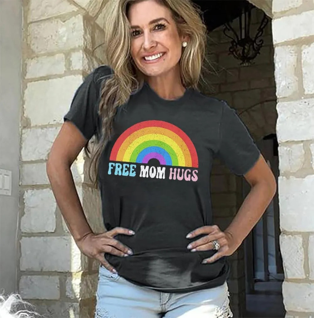 Women Free Mom Hugs Shirt LGBTQ Pride T-Shirt Rainbow Gay Pride Tees Pride Equality Casual Short Sleeve Top Clothes