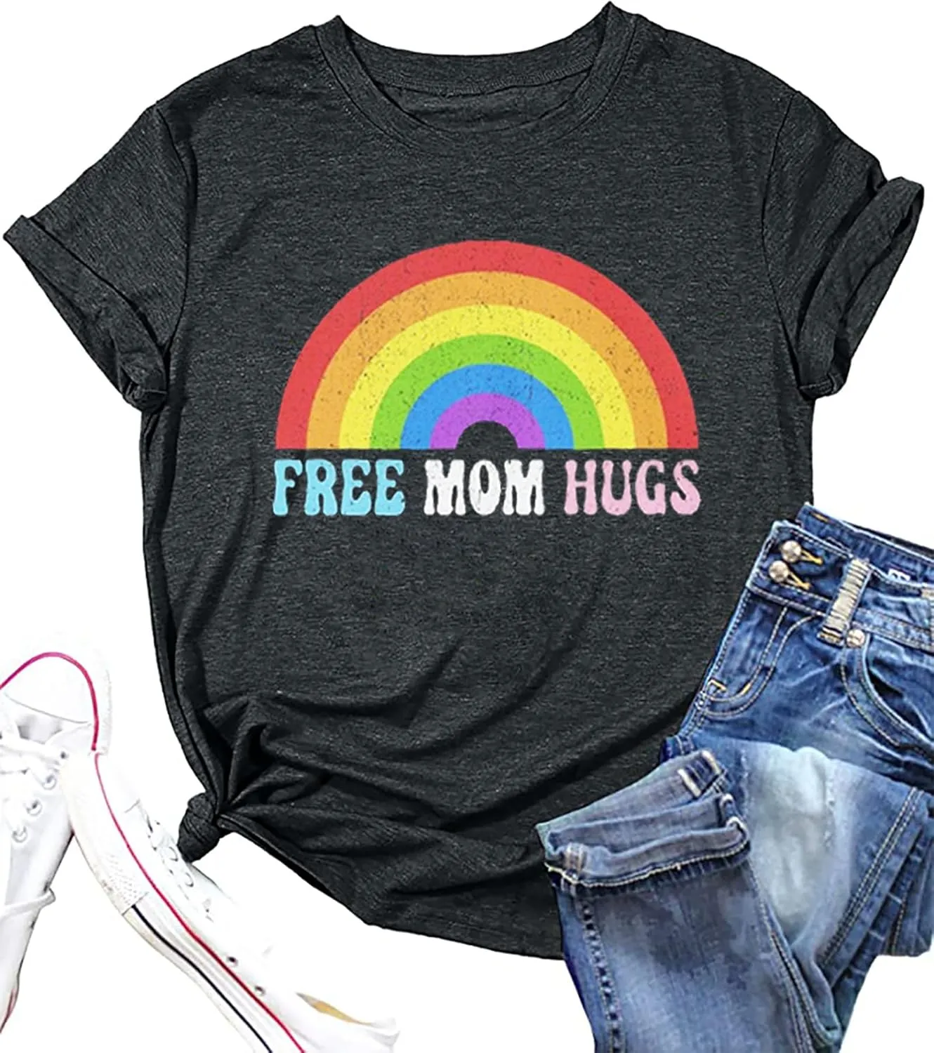 Women Free Mom Hugs Shirt LGBTQ Pride T-Shirt Rainbow Gay Pride Tees Pride Equality Casual Short Sleeve Top Clothes