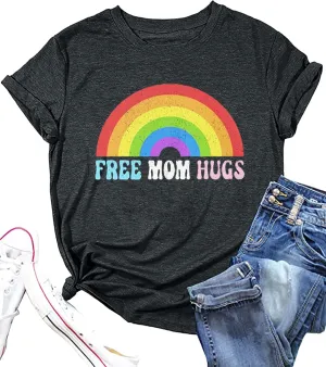 Women Free Mom Hugs Shirt LGBTQ Pride T-Shirt Rainbow Gay Pride Tees Pride Equality Casual Short Sleeve Top Clothes