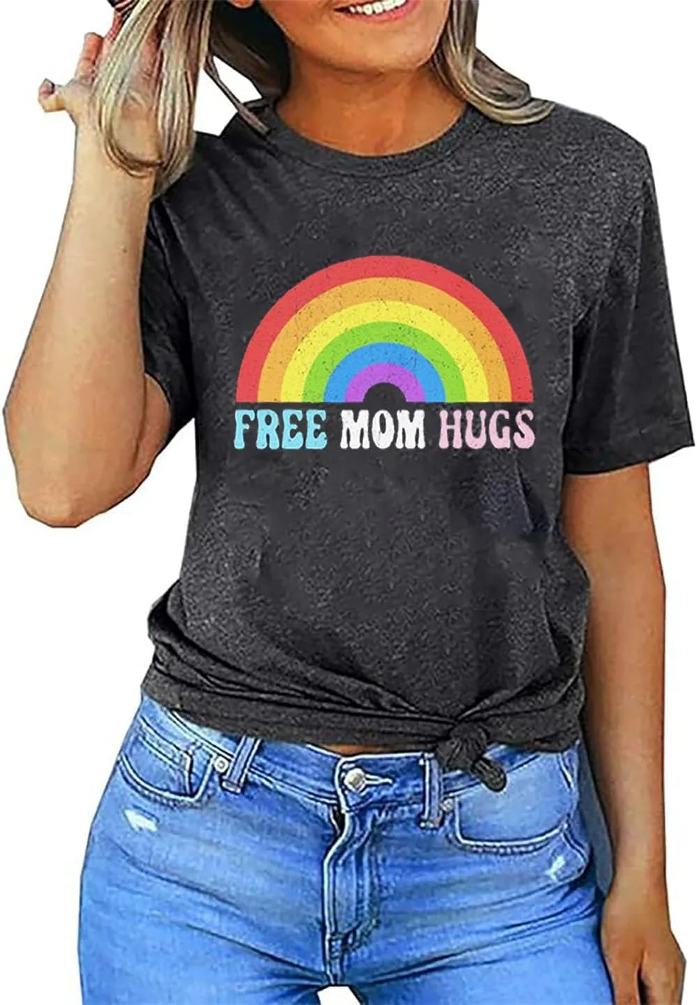 Women Free Mom Hugs Shirt LGBTQ Pride T-Shirt Rainbow Gay Pride Tees Pride Equality Casual Short Sleeve Top Clothes