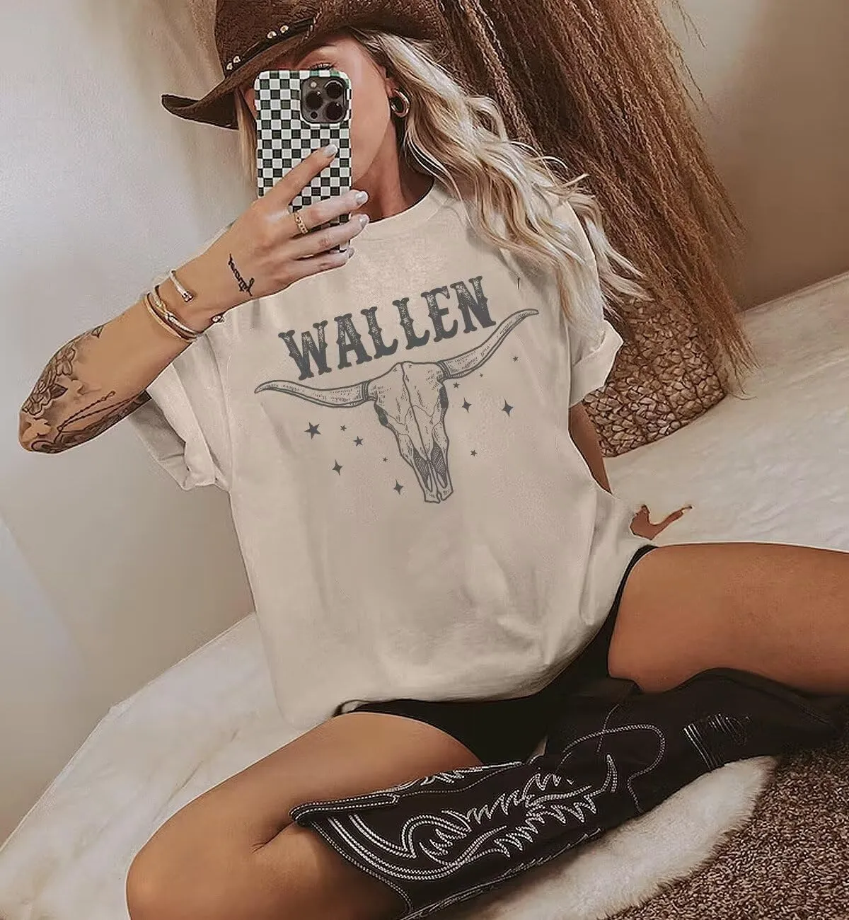 Women Vintage Country Music Shirt Retro Cow Skull Western Graphic T-Shirt Cute Cowgirl Tee Tops