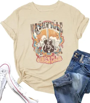 Women Vintage Country Music Shirt Retro Cow Skull Western Graphic T-Shirt Cute Cowgirl Tee Tops