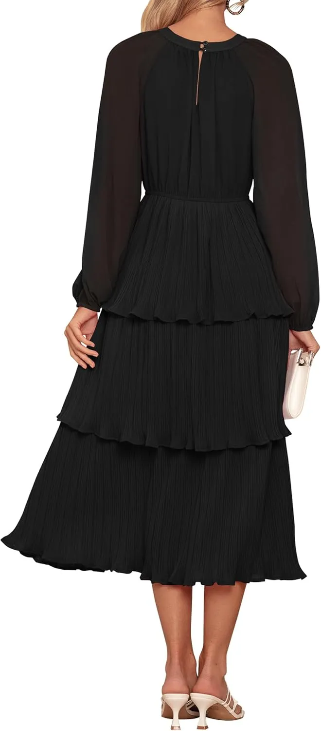 ZESICA Women's 2025 Long Sleeve Crew Neck Ruffle Tiered Layered Chiffon Flowy Swing 2025 Long Midi Dress
