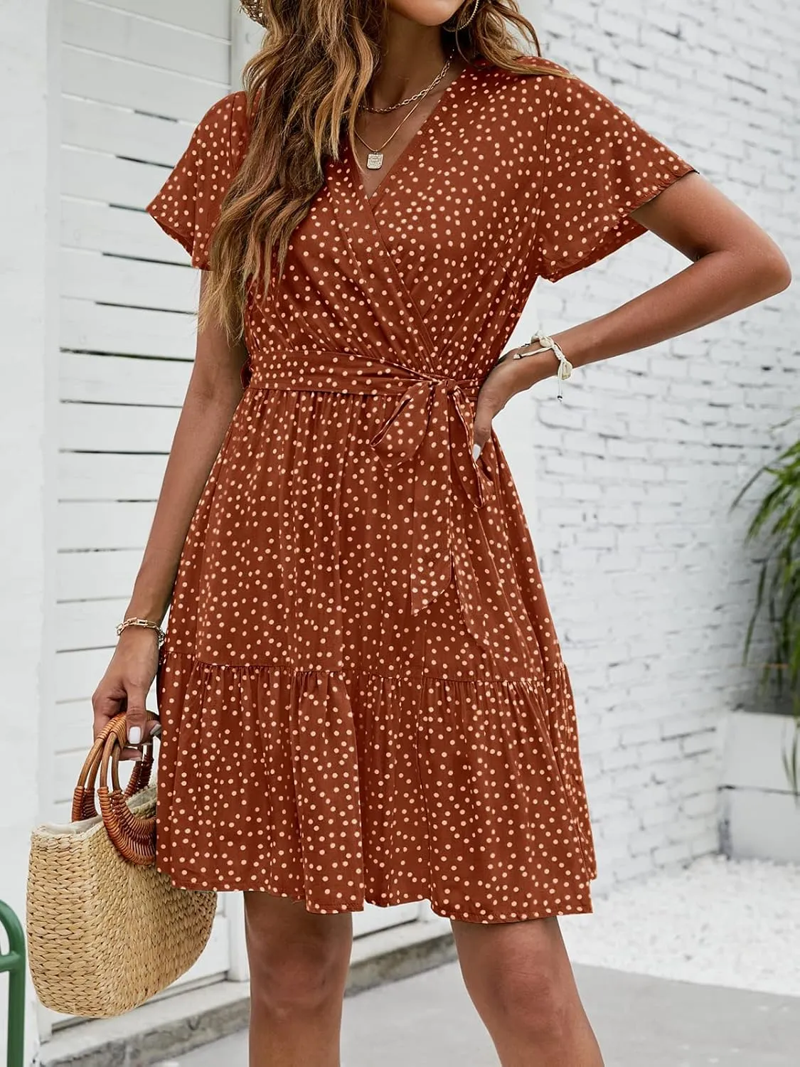 ZESICA Women's Summer Wrap V Neck Bohemian Floral Print Ruffle Swing A Line Beach Mini Dress
