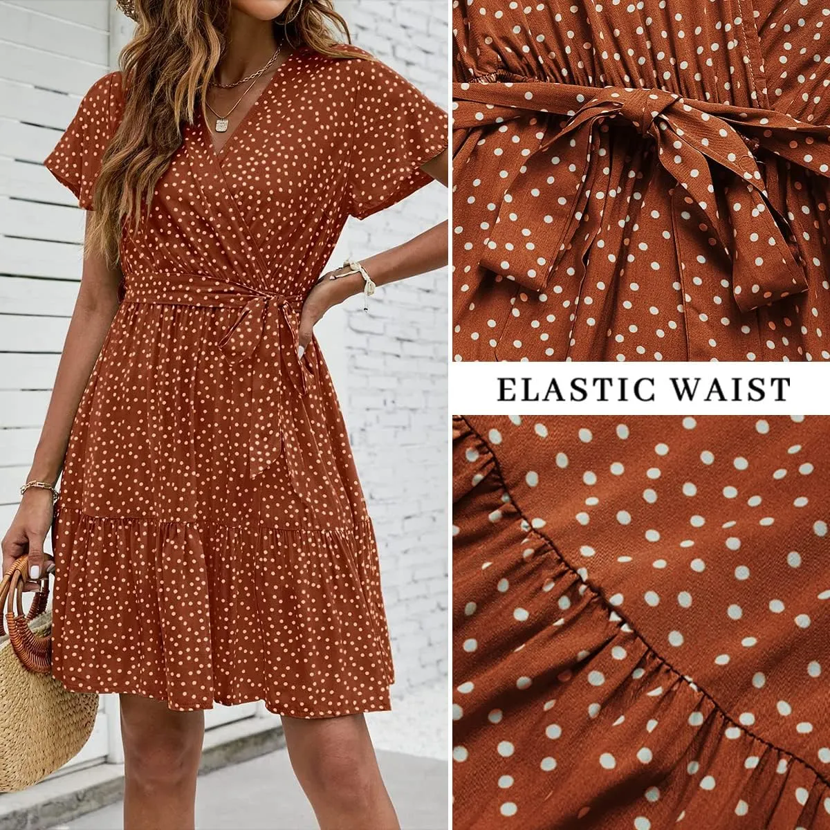 ZESICA Women's Summer Wrap V Neck Bohemian Floral Print Ruffle Swing A Line Beach Mini Dress